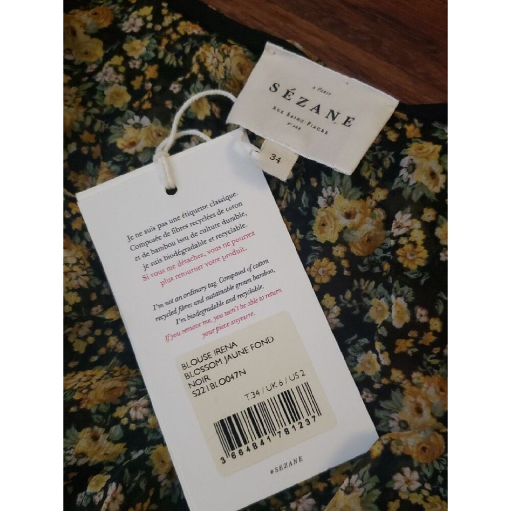 Sezane Yellow Black Floral Short Sleeve Blouse Size 34 Romantic Fairy Feminine - Picture 4 of 9